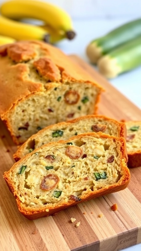Sliced banana zucchini yogurt bread on a wooden board with fresh bananas and zucchini in the background.